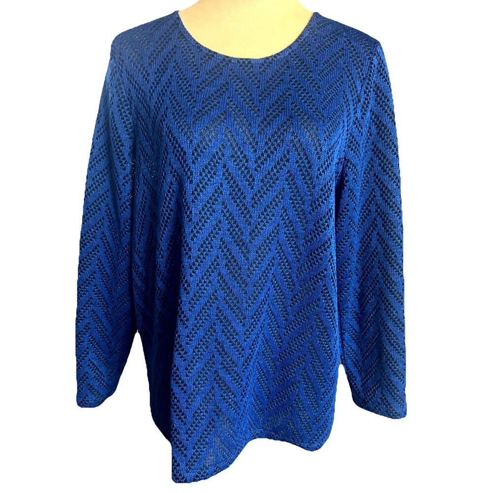Chico's Womens Size 3 / XL Chevron Knit Cobalt Blue Pullover Top Long Sleeves